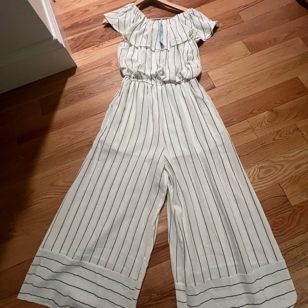 She + Sky Cream and Black Ruffled Jumpsuit